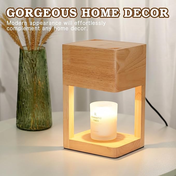 Candle Warmer Lamp Wood with Timer, Dimmable Electric Candle Lamp Warmer for Jar Candles, 2 * 35 Watt Bulb, Birthday Gifts for Mom, Decorative Wooden Candle Lamp for Bedroom Home Decor