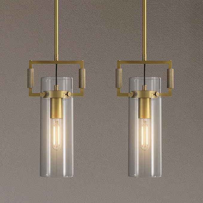 Modern Gold Kitchen Island Pendant Lights Set of 2, 12 Inch 1-Light Adjustable Pendant Light with Glass Shade & Brass Finish, Hanging Light Fixture for Kitchen, Dining Room, Bathroom, Living Room
