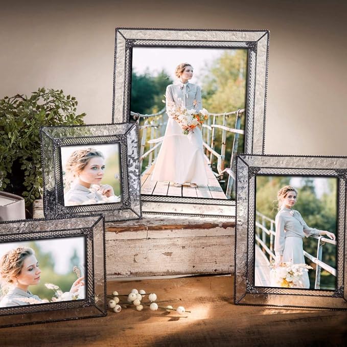 J Devlin Glass Art Pic 380-44 Square 4 x 4 Picture Frame Stained Glass Tabletop Photo Frame Vintage Home Decor Keepsake Gift