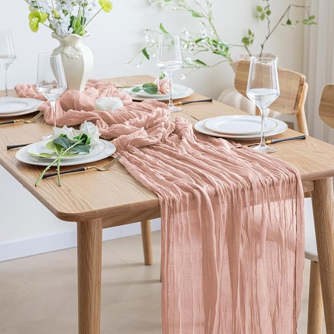 Asee'm 6pcs Cheesecloth Table Runner 120 Inches Dusty Pink Boho Gauze Cheese Cloth Runner 10FT Rustic Sheer Table Runners for Summer Wedding Baby Shower Holiday Party Decoration