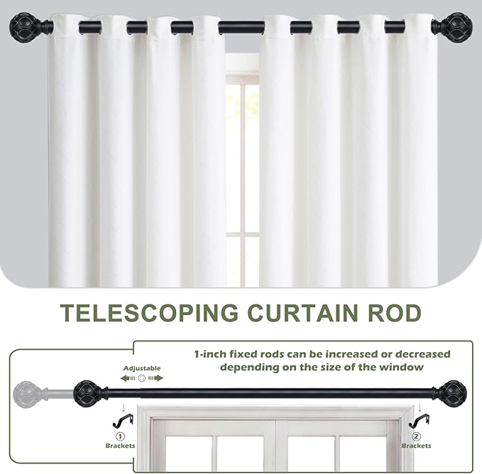 Black Curtain Rods for Windows:Farmhouse Boho Decorative Curtain Rod for Bedroom Living Room,Heavy Duty Adjustable Rustic Drapery Rods Set with Vintage Coastal Texture Finial,Matte Black 72-144"