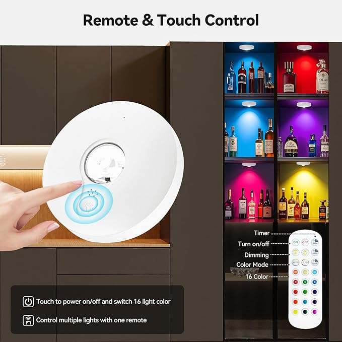 Rechargeable Puck Lights with Remote, 12 Pack Magnetic Under Cabinet Lighting, 1500mAh Battery Operated LED Tap Lights with Dimmer & Timmer for Kitchen, Closet, Shelf - 3 Color Temps & 12 RGB, White