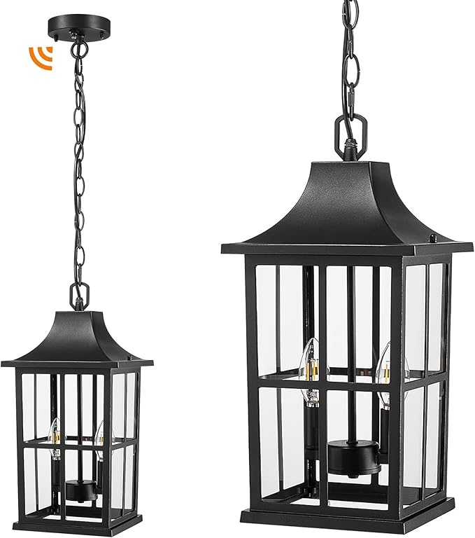 Emliviar Dusk to Dawn 2-Light Large Porch Light Outside Chandelier for Yard, 15.4" Black Hanging Lantern Light Fixture with E12 Base, Clear Glass, YXE306H-M-PC BK
