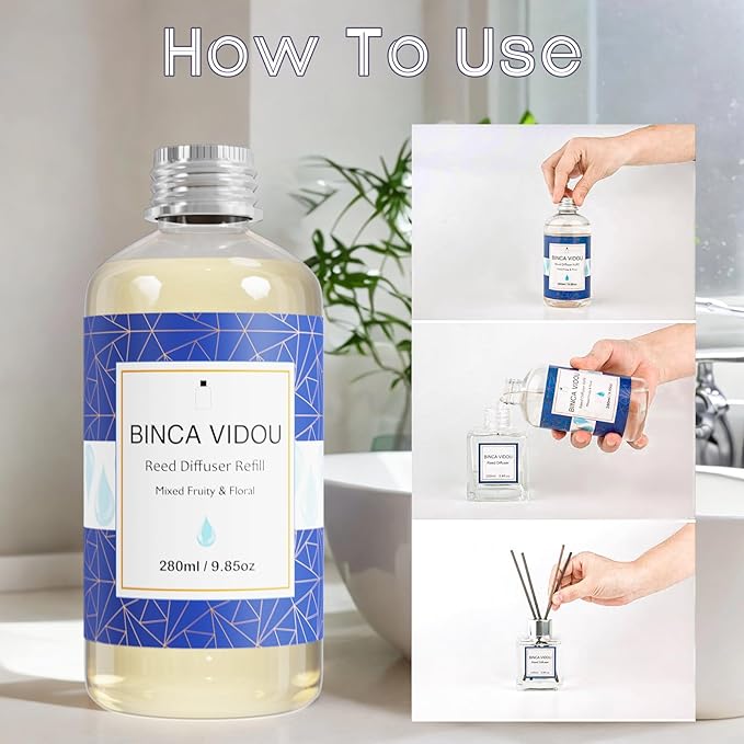 Reed Diffuser Oil Refill, Binca Vidou Mixed Fruity and Floral Bergamot Vanilla Lavender and Jasmine Scented Oil Include 12 Sticks for Bathroom Bedroom Office 9.85oz/280ml