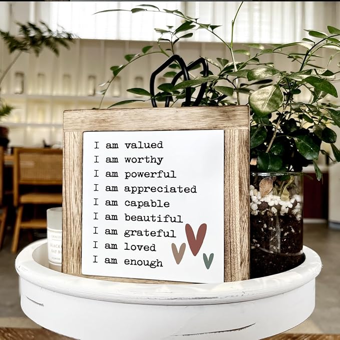 Inspirational Positive Wood Block Sign, Desk Decorations for Home Women Girl Room Office, Shelf Table Decor Art, Mental Health Gift for Women Men Self, I am Valued Worthy Powerful Signs D841