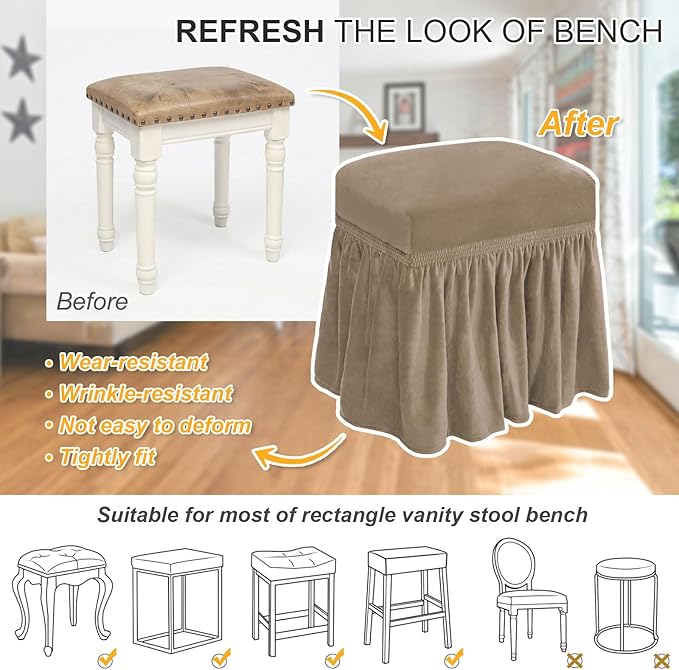 NICEEC Spandex Stretch Vanity Bench Cover with Skirt Removable Super Soft Rectangle Bench Slipcover Washable Bench Cushion Seat Covers for Living Room Bedroom Kitchen(Coffee)