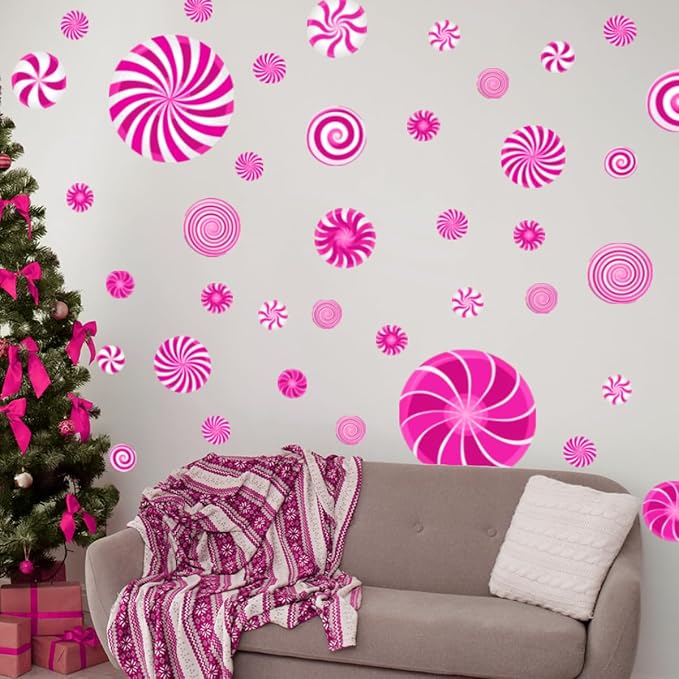 77 Pcs Christmas Candy Wall Decals Decorations Christmas Wall Stickers Pink Peppermint Candy Floor Decals for Xmas Candyland Party Decorations