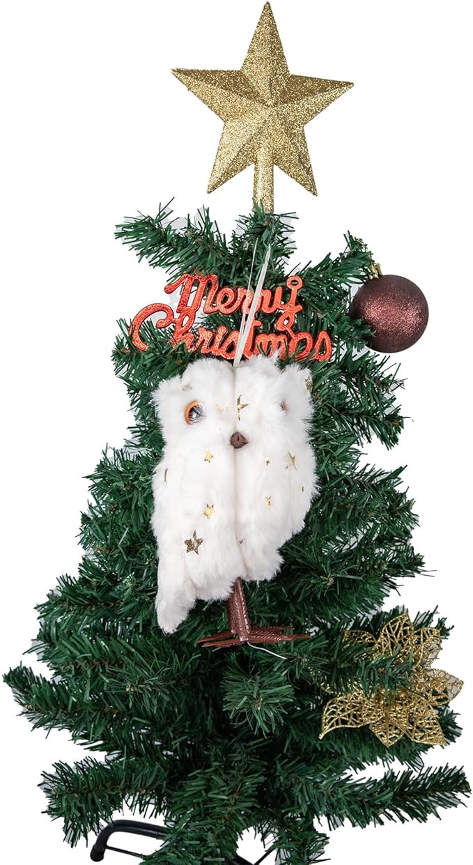 Cartanfill-Christmas Tree Owl Ornaments Set with Gold Star Topper, Plush Decorative Winter Birds, Pink Mint Brown White (B 2PC)