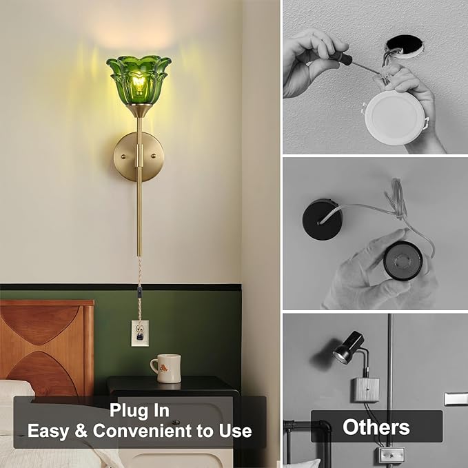 2 Pack Plug in Gold Wall Sconce with Green Glass Shades, Modern Mid Century Bathroom Vanity Wall Light Fixtures, Industrial Brushed Brass Wall Lamp, for Bedroom Mirror Living Room, ETL Listed