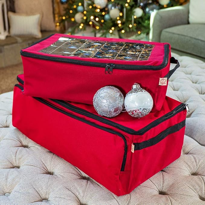 [Red Christmas Ornament Storage Box with Dividers] - (Holds 48 Ornaments up to 3 Inches in Diameter) | Acid-Free Removable Trays with Separators | Clear Window to Easily See Storage Bags Contents