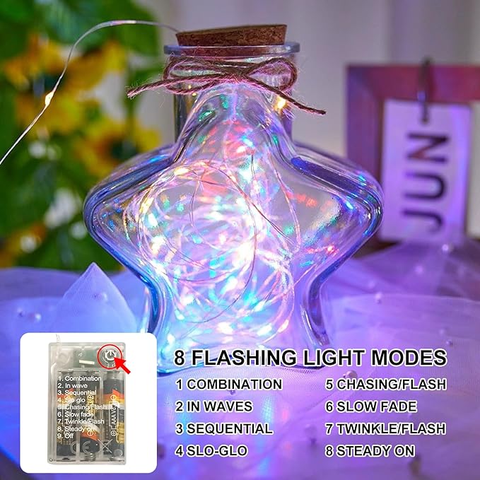 Multicolor Fairy Lights Battery Operated (Included), 8 Modes & Auto Timer, 2 Packs 5m 50Led Mini Twinkle Silver Wire Firefly Starry Lights, Waterproof Battery Operated Lights for Bottle