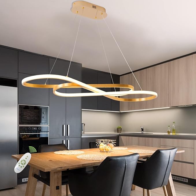 Gold Led Chandelier for Kitchen Island Lighting,Dimmable Modern Chandelier for Dining Room, L39.4" Modern Led Pendant Light Fixture Height Adjustable Brushed Gold Dining Room Light Fixture Over Table