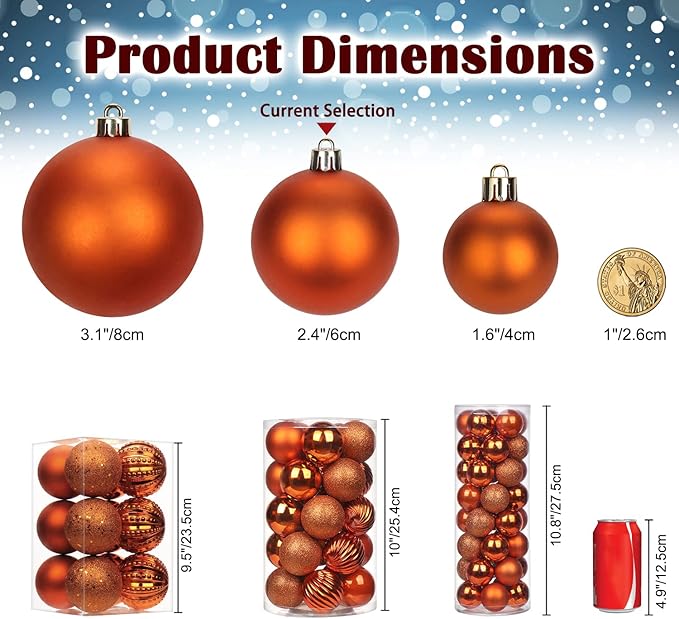 2.36" Orange Christmas Balls Ornaments 25 Pcs Shatterproof Christmas Ornaments Set Halloween Balls Ornaments Orange Ornament for Xmas Tree Holiday Party