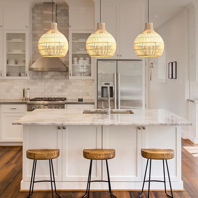 3-Pack Fax Rattan Pendant Light Fixture Mini Hand-Woven White Rattan Chandelier 10.24" Boho Wicker Hanging Lamp for Dining Living Bedroom Kitchen Farmhouse