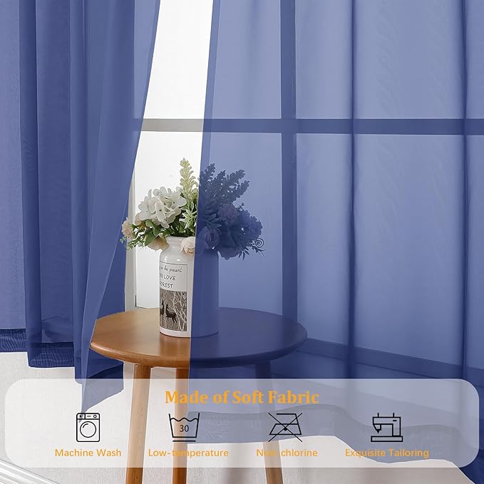 Gwine Royal Blue Valances for Windows, Small Light Filtering Rod Pocket Cafe Valance Curtains, Soft Sheer Curtain for Bathroom Laundry Basement, 42Wx14L inch, 2 Pieces