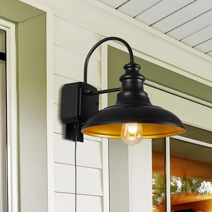 Dusk to Dawn Sensor Outdoor Barn Light with GFCI Outlet, Farmhouse Outdoor Wall Sconce, Rustic Exterior Lighting Fixture, Industrial Wall Lantern for Porch Garage Patio, STRZ034-W BK