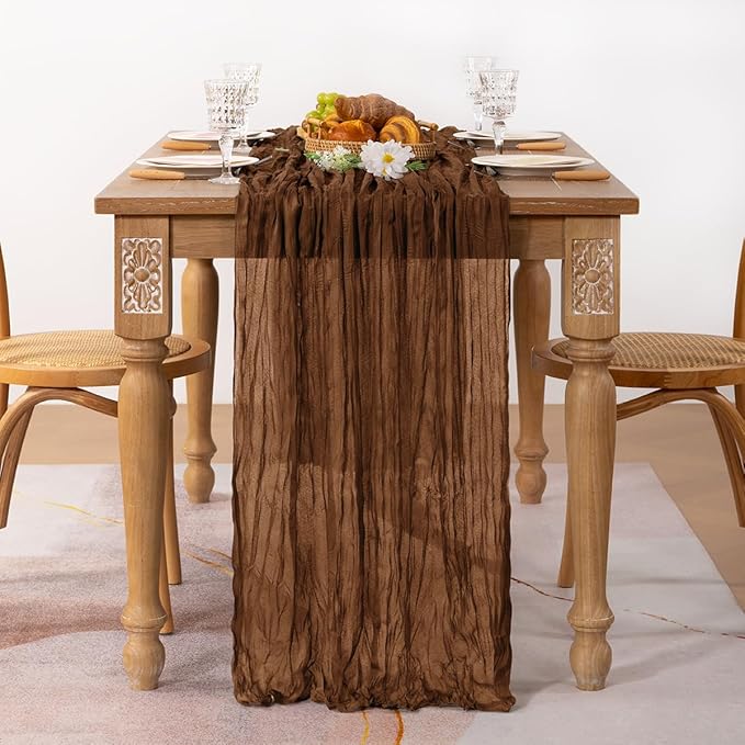 MLMC 3 Pack Brown Table Runner 10ft Boho Rustic Gauze Coffee Cheesecloth Table Runner Neutral Cheese Cloth Table Decor 35x120 Inches for Wedding Bridal Shower Reception Party Decor