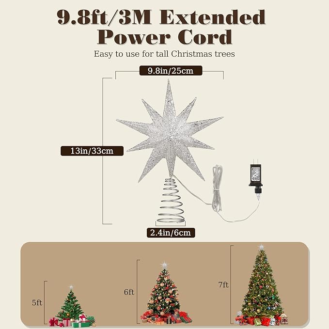 Lewondr Christmas Tree Topper Star, 13inch 10-Point Light Up Xmas Star Treetop with Plug and Remote Control for Home Christmas Decoration, 6H Timer & 8 Lighting Modes, Warm Light, Silver
