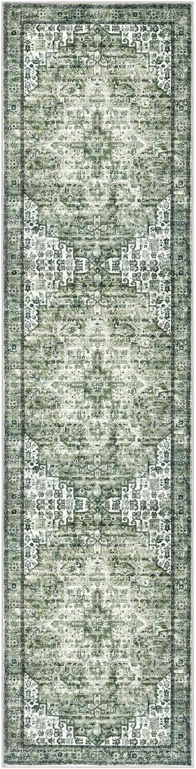 2.6x10 Washable Rug for Entryway, Green Soft Printed Area Rug, Non-Slip Kitchen Rugs, Low-Pile Medallion Indoor Door Mat, Small Farmhouse Carpet for Entrance Kitchen Foyer Bedside