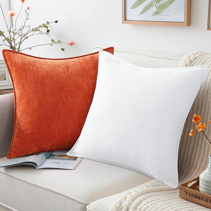 decorUhome Christmas Couch Throw Pillow Covers 20x20 Set of 2, Decorative Soft Euro Velvet Neutral Chenille Pillow Covers with Elegant Design for Sofa Bed Living Room Home Decor, Rust