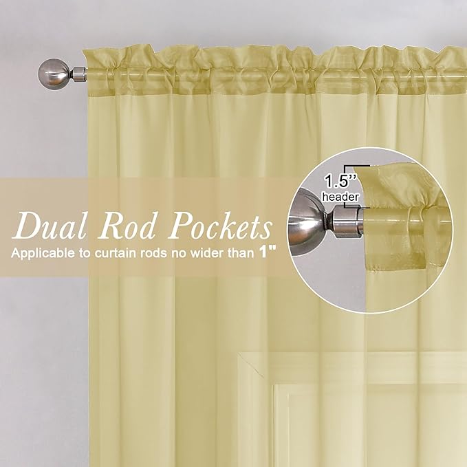 Lecloud Yellow Sheer Curtains 90 Inches Long 2 Panels, Gauzy Light Filtering Breathable Curtain, Solid Voile Home Decor Drapes with Dual Rod Pocket for Living Room Bedroom, Each 42" W x 90" L