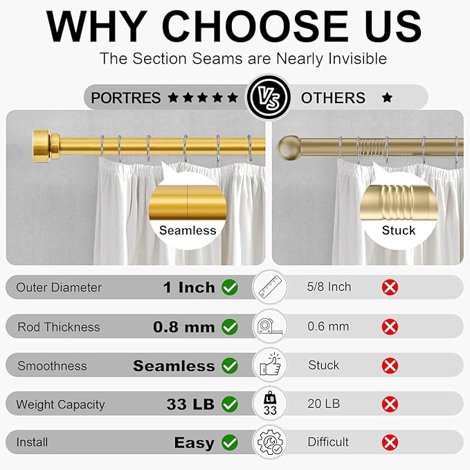 PORTRES Modern Gold Heavy Duty Curtain Rods for Windows 28 to 48 Inches Adjustable Length 1" Diameter Curtain Rod with Farmhouse Decorative Finials for Outdoor Bedroom Kitchen Living Room