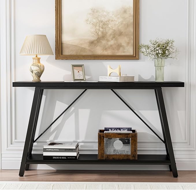 GAZHOME Console Table with Storage Shelf - Industrial Style Sofa Table Behind Couch for Living Room & Entryway, Black,53.1 Inch