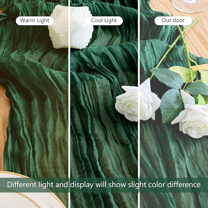 3PCS Table Runner Cheesecloth 10FT Emerald Green Boho Gauze Cheese Cloth Rustic Sheer Table Runners for Wedding Bridal Baby Shower Party Decoration