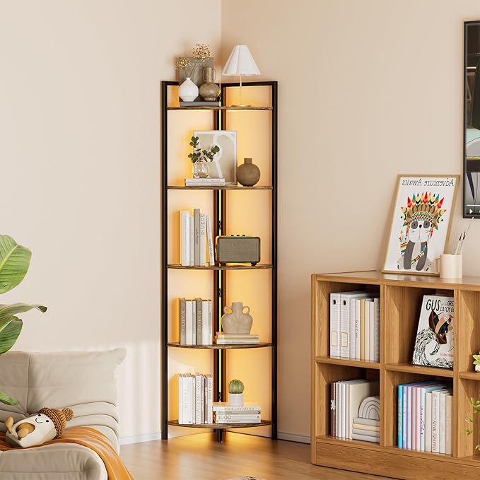 Rustic Tall Corner Shelf with Led Light, 5 Tier Modern Corner Bookshelf for Living Room, Dark Wood and Metal Corner Shelving Unit for Office, Bedroom, Kitchen (Rustic Brown)