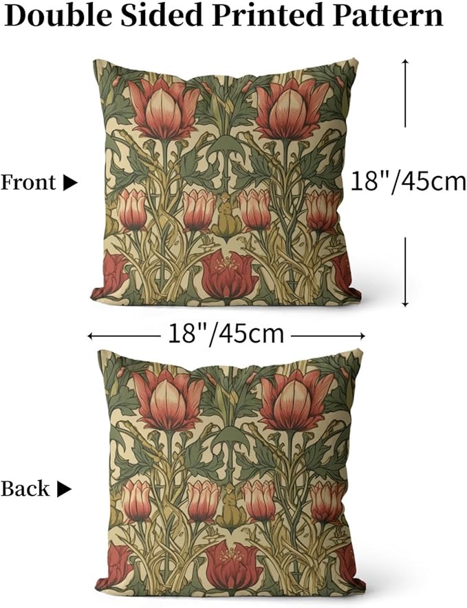 William Morris Pillow Covers 18x18 Inch Vintage Floral Botanical Print Pillow Protectors with Zipper Standard Size Nature Flowers Pillowcases Mid Century Modern Bed Pillow Covers Set of 2