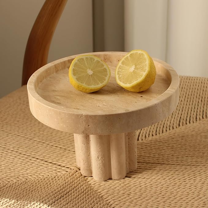 Natural Travertine Tray with Leg, Round 7.1" Vanity Decorative Tray for Countertop Organizer, Catchall Tray for Perfume, Candles, Jewelry Dish