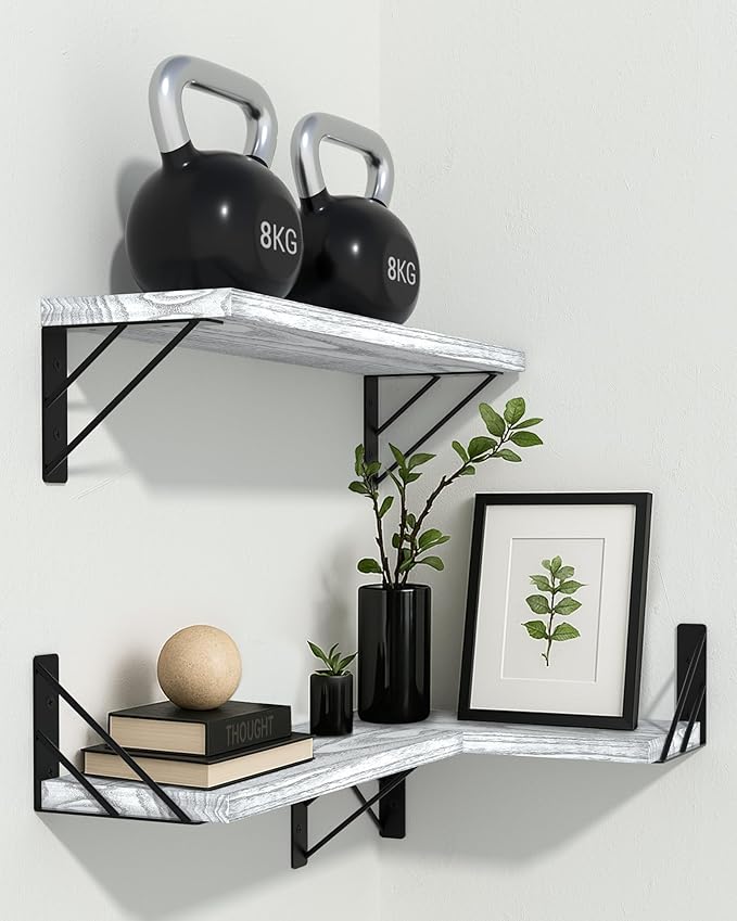 BAYKA Wall Shelves for Bedroom Decor, Floating Wall Shelves for Living Room Kitchen Storage, Mounted Rustic Wood Floating Shelves for Kids Books,Corner Shelves for Bathroom(Gray White，Set of 3) | for Bedroom Decor, Floating Shelves, for Kids Books, for...