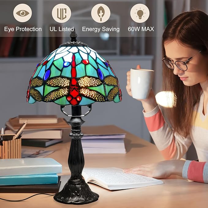 Tiffany Lamp Dragonfly Stained Glass Table Lamp, 8 Inch Antique Desk Lamp with LED Bulb, Desk Reading Light for Bedroom Living Room Office Table Lamps for Bedside Nightstand Gift