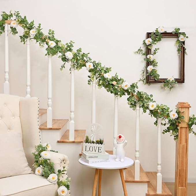 Dolicer 4Pcs 26Ft Artificial Eucalyptus Garlands with Flowers, Faux Floral Greenery Garlands Fake Flowers Vines for Wedding Table Centerpieces Arch Party Ceremony Backdrop Decor (White)