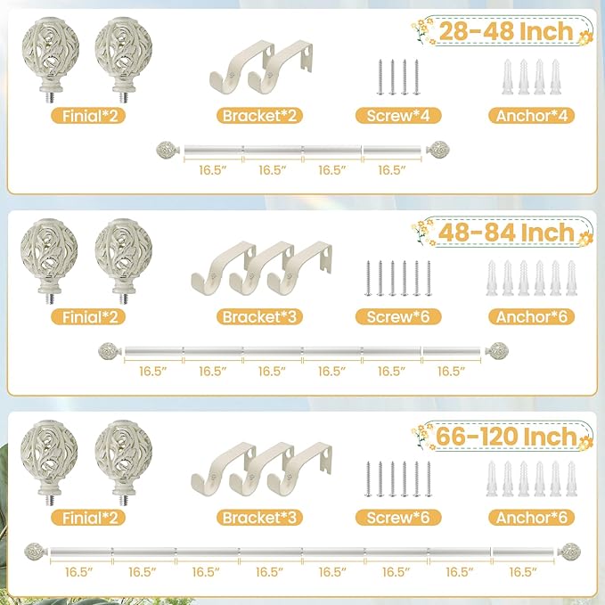 1 Inch Curtain Rod For Windows 28 to 48 Inches, Heavy-Duty Adjustable Decorative Curtain Rod With Rattan Leaf Hollow Finials For Bedroom And Living Room White