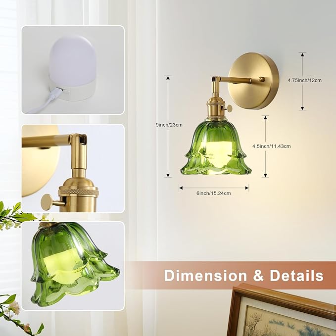 2 Pack Vintage Battery Operated Wall Sconces, Rose Green Lampshade & 180 Degree Adjustable, Wireless Rechargeable RGB Wall Light with Remote Control, for Bedroom Living Room Hallway Aisle