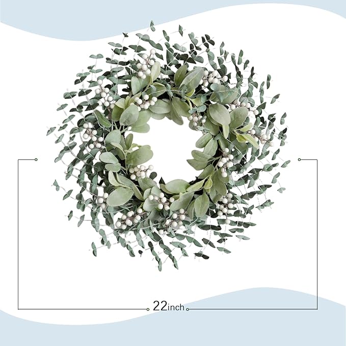 Bibelot Greenery Leaves Boxwood Wreath for Front Door, 22 Inch Green Wreath with White Berries & Lambs Ear, All Season Wreaths for Indoor Outdoor Home Decor