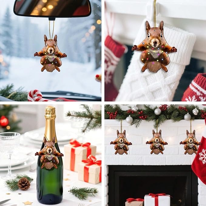Flying Squirrel Christmas Tree Keepsake Ornaments, Squirrel Themed 2 Side Printed Flat Wooden Ornament, Animal Xmas Hanging Decor