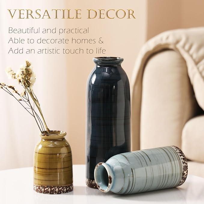 Ceramic Vase Set of 3 - Handcrafted Ceramic Vases for Home Decor & Shelf - Modern Farmhouse Decor for Kitchen, Office, Bedroom & Living Room Decorative Objects for Mantel, Table Centerpieces
