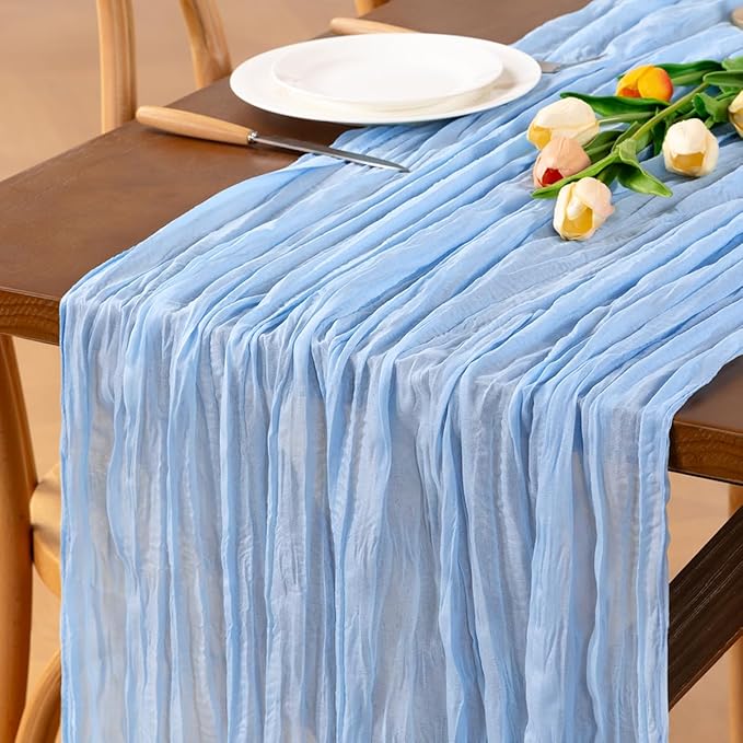 Baby Blue Table Runner 3pcs Light Blue Valentine's Day Cheesecloth Table Runner 22×120 inches 10FT Boho Gauze Table Decor for Farmhouse Wedding Baby Shower Birthday Party Ceremony