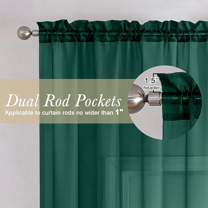 Lecloud Hunter Green Sheer Curtains 90 Inches Long 2 Panels, Airy Voile Solid Curtains, Gauzy Stylish Aesthetic Windows Decor Drapes with Rod Pocket for Bedroom Living Room, Each 42" W x 90" L