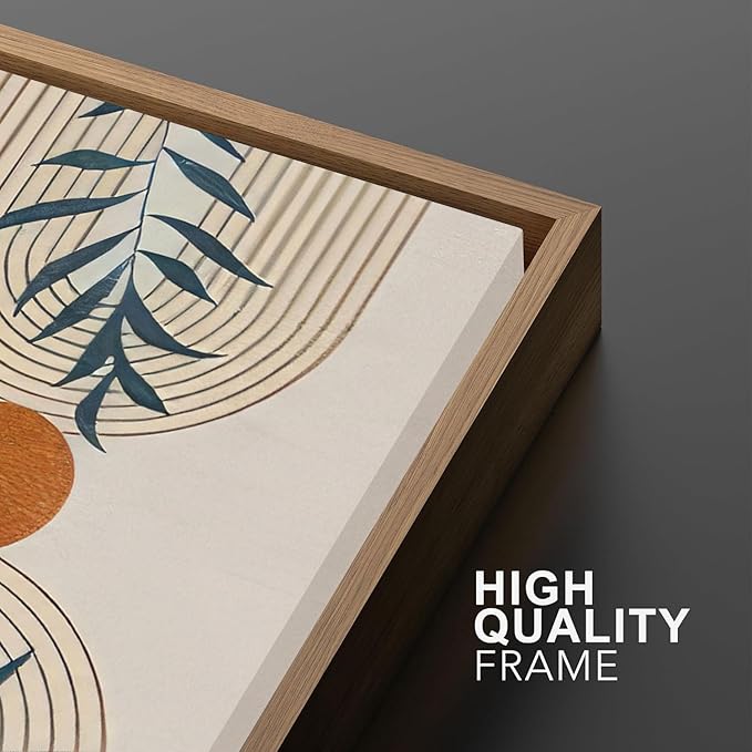 Bwodke Framed Boho Canvas Wall Art Mid Century Modern Prints Set of 3 Neutral Geometric Line Leaf Paintings Decor Minimalist Abstract Pictures Bedroom Living Room Bathroom