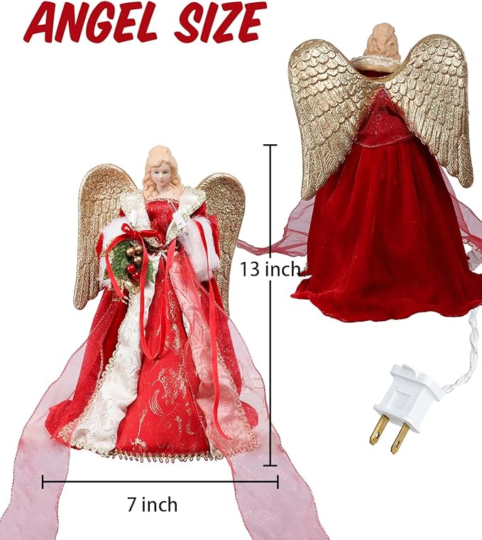 Angel Christmas Tree Topper with Lights, Red & Gold Angel, Lighted Vintage Christmas Tree Topper Decorations Holiday Home Office