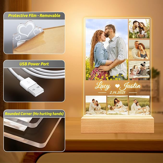 Personalized Christmas Anniversary Couple Gifts for Women Men, Custom Picture Frames with Photo, Personalized Photo Frame with Night Light, Customized Gifts for Girlfriend Boyfriend Her Him