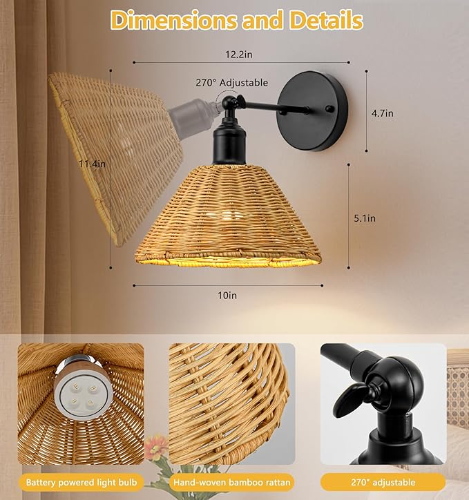 2 Pack Battery Operated Bamboo Rattan Wall Sconce, Black Vintage Rattan Dimmable Sconce, Unique Bohemian Style Design for Bedroom, Living Room, Kitchen