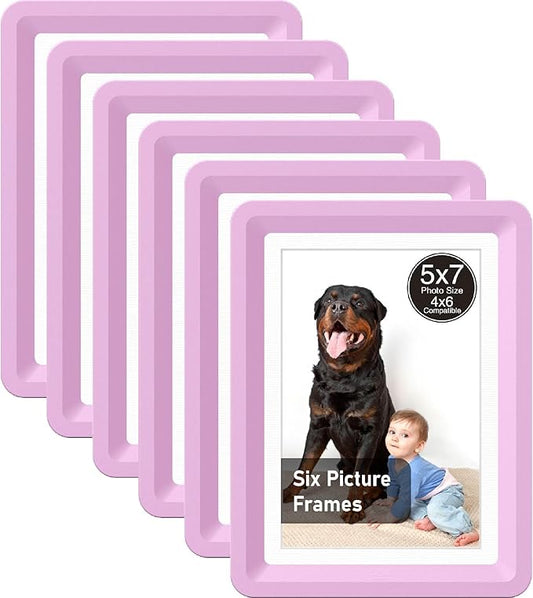 Pink 5x7 Picture Frame with Acrylic Front 6 Pack, ABS Frame for 5x7 or 4x10 Photos, Shatterproof UV-Resistant Tabletop Photo Frame, Vertical/Horizontal Display for Home Décor