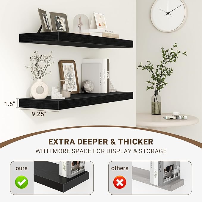 55 Inch Floating Shelves, 55"x9.25"x1.5" Inch Deep Floating Shelves for Wall, Wooden Shelves for Bathroom, Bedroom, Living Room, Black,1 Piece
