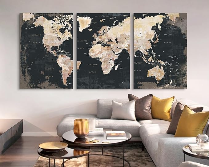 Elixart Living Room Wall Art Vintage Home Office Decor Extra Large Bedroom Wall Decor Black Pictures for Home Decorations Map Paintings