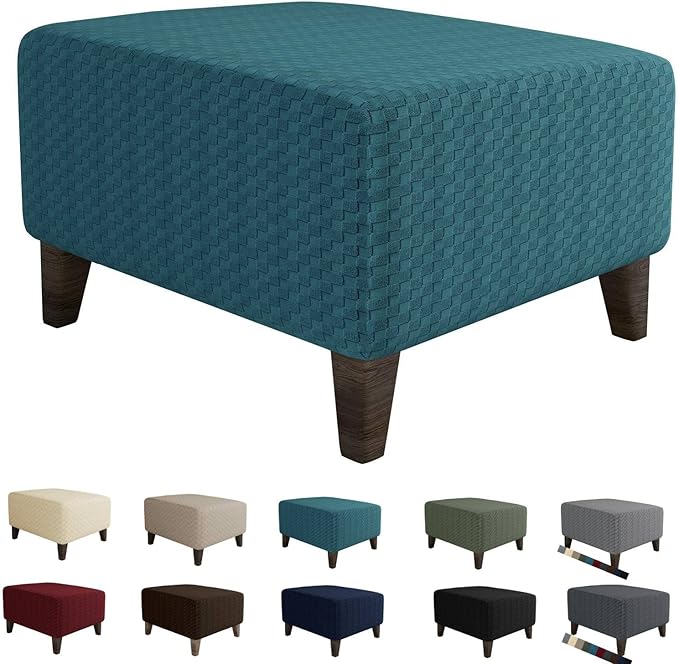 MAXIJIN Jacquard Ottoman Cover Slipcovers Folding Storage Stool Furniture Protector Cover Soft Thick Rectangle Foot Rest Slipcover with Elastic Bottom (Ottoman X-Large, Peacock Blue)