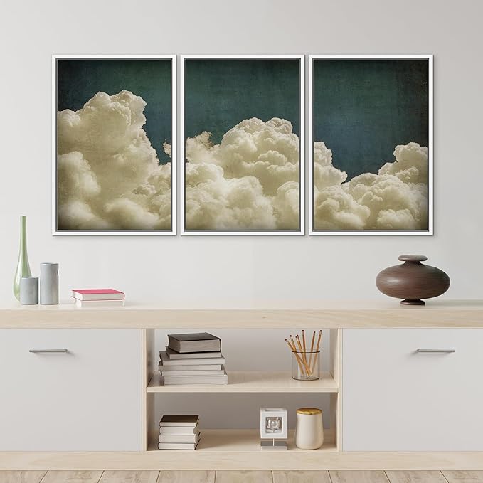 MUDECOR Framed Wall Art Print Set Vintage Cloudscape Dreamy Cotton Clouds Illustrations Modern Art Decorative Colorful Chic for Living Room, Bedroom, Office - 16"x24"x3 White